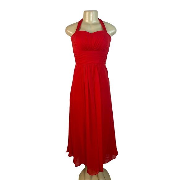 Izidress Red Halter Neck Midi Dress With Ruched Bodice & Flowing Skirt - Picture 1 of 9